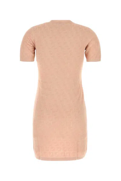 Fendi Cotton Short Sleeve Dress With Textured Pattern In Neutral