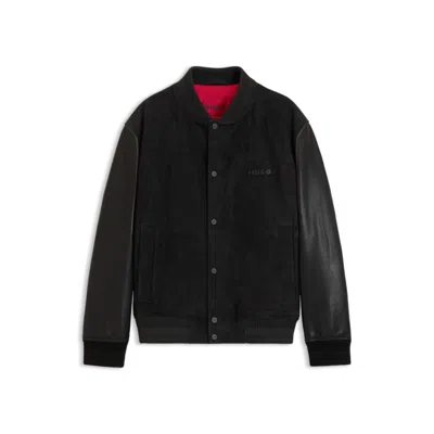 Hugo Boss Suede Bomber Jacket With Grained-leather Sleeves In Black