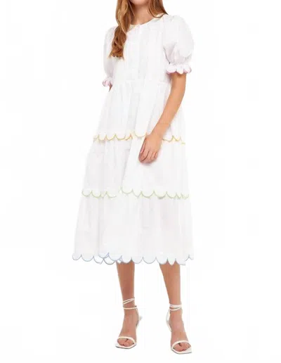 2.7 August Apparel Scallop Edge Puffy Short Sleeve Midi Dress In White Multi In White