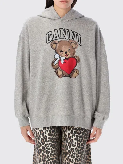 Ganni Bear Print Hooded Sweatshirt In Gray