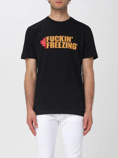 Dsquared2 Black Crewneck T-shirt With Print On The Front And Logo Lettering On The Rear In Cotton Man
