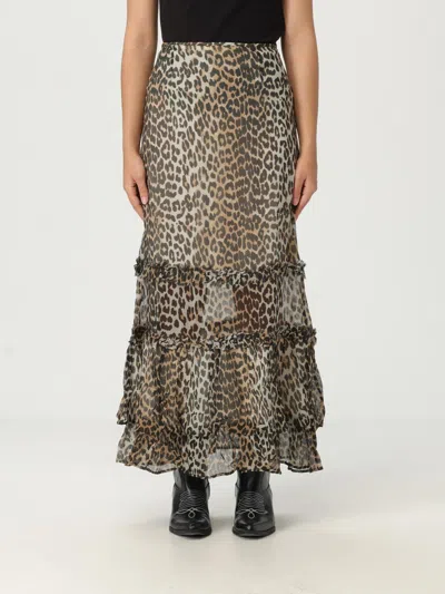 Ganni Animal Print Flared Layered Leopard Skirt In Brown