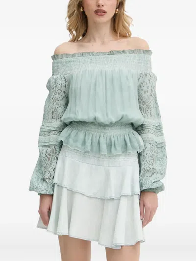 Guess Usa Lace-trimmed Smocked Blouse In Green