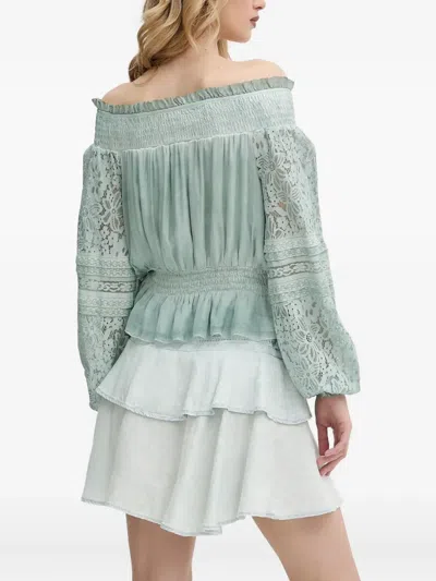 Guess Usa Lace-trimmed Smocked Blouse In Green