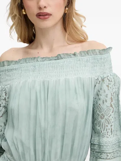 Guess Usa Lace-trimmed Smocked Blouse In Green