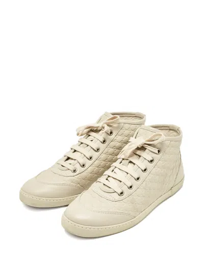 Pre-owned Gucci Monogram-embossed Leather High-top Sneakers In Neutral