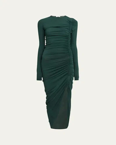 Ferragamo Ruched Long Sleeve Asymmetric Jersey Dress In Green