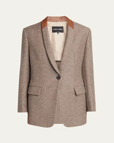 Giorgio Armani Chevron Wool Single-breasted Blazer With Leather Trim In Neutral