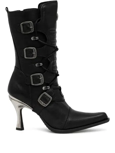 New Rock 100mm Lace-up Buckle Boots In Black