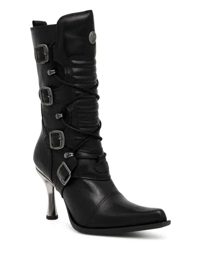 New Rock 100mm Lace-up Buckle Boots In Black