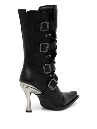 New Rock 100mm Lace-up Buckle Boots In Black
