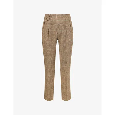 Polo Ralph Lauren Mens Tan/brown Checked Pleated Silk-wool Trousers
