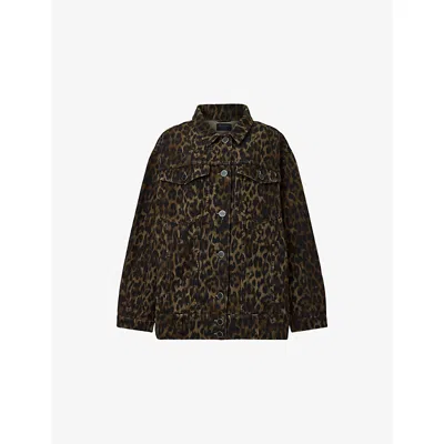 Allsaints Womens Leppo Brown Leopard-print Relaxed-fit Denim Jacket In Brown