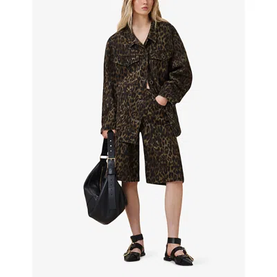 Allsaints Womens Leppo Brown Leopard-print Relaxed-fit Denim Jacket In Brown