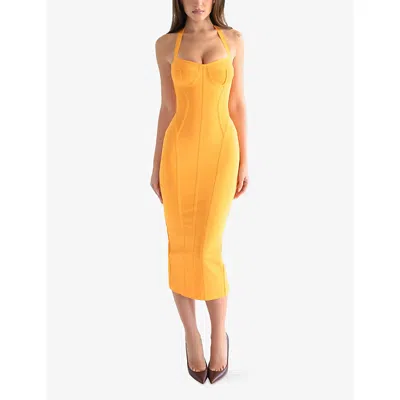 House Of Cb Womens Orange Sherbet The Sculpt Halter-neck Bandage Stretch-woven Midi Dress In Yellow