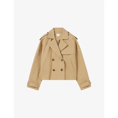 Claudie Pierlot Womens Camel Open-collar Relaxed-fit Short Cotton Trench Jacket