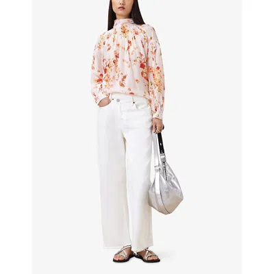 Allsaints Womens Armada White Pearla Floral-print Tie-neck Silk-blend Blouse