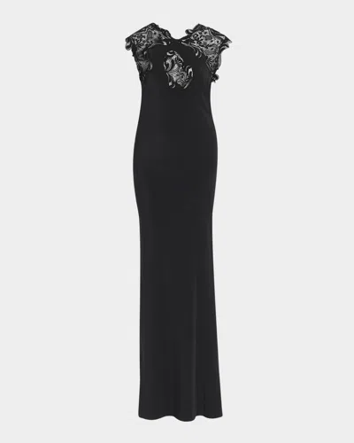 Ferragamo Macrame Lace Crepe De Chine Gown In Black