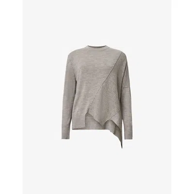 Allsaints Womens Sand Grey Isla Crewneck Asymmetric-hem Merino-wool Jumper In Multi