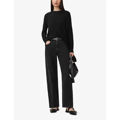 Allsaints Womens Black Isla Crewneck Asymmetric-hem Merino-wool Jumper Xs In Black