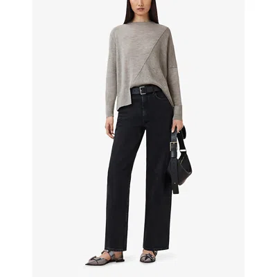 Allsaints Womens Sand Grey Isla Crewneck Asymmetric-hem Merino-wool Jumper In Multi