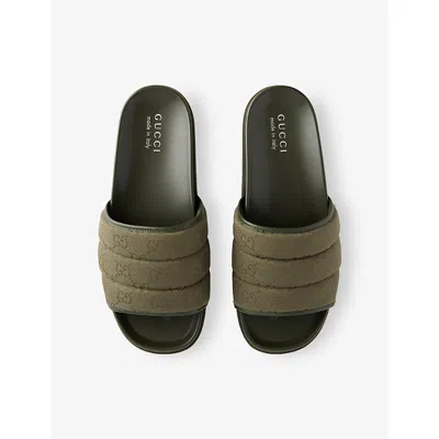 Gucci Mens Dark Olive Monogram Canvas Slides Eur 46 / 12 Uk