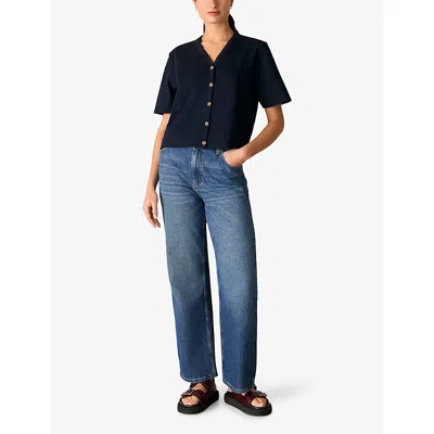 Whistles Womens Navy Ella V-neck Button-through Cotton-jersey T-shirt In Black