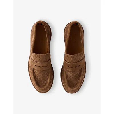 Gucci Mens Nocciola Monogram Flat Suede Moccasins Eur 45 / 11 Uk In Brown