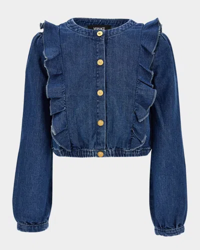 Versace Girl's Washed Denim Ruffled Button-front Shirt In Blue