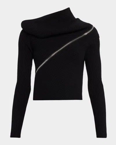 Jean Paul Gaultier Spiral Zipped Cowl-neck Rib Crop Sweater