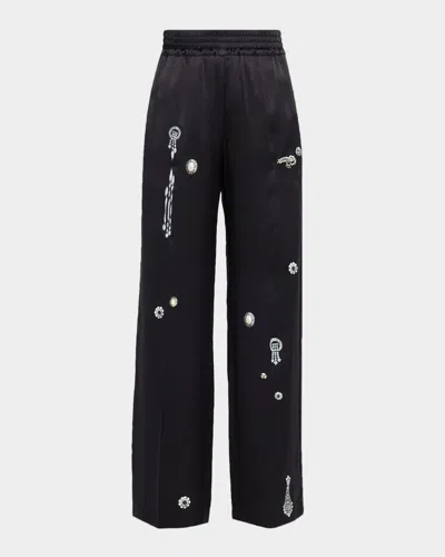 Victoria Beckham Crystal-print Silk Straight-leg Pajama Trousers In Black