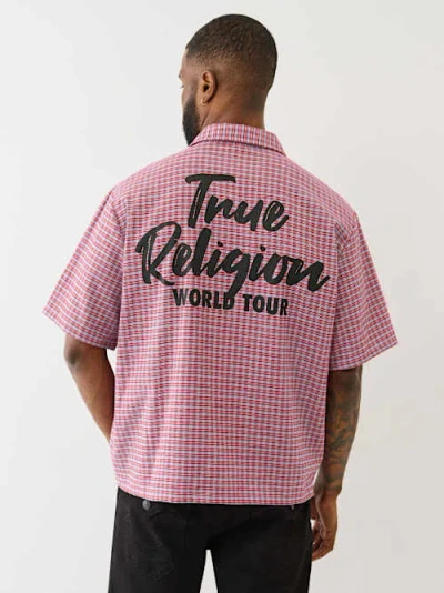 True Religion Men's Boxy Grid Stripe Sport Shirt