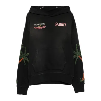 Amiri Hooded Sweatshirt With Front Pocket And Palm Tree Motif In Black