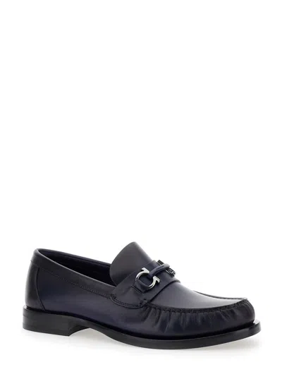 Ferragamo Men 'fort' Blue Slip-on Loafers With Gancini Detail In Brushed Leather Man In Black