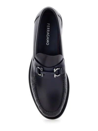 Ferragamo Men 'fort' Blue Slip-on Loafers With Gancini Detail In Brushed Leather Man In Black