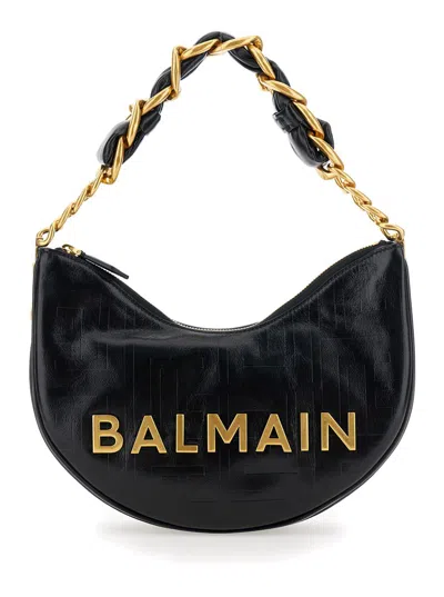 Balmain 'soft Moon 1945' Black Shoulder Bag With Lettering Logo On The Front In Leather Woman