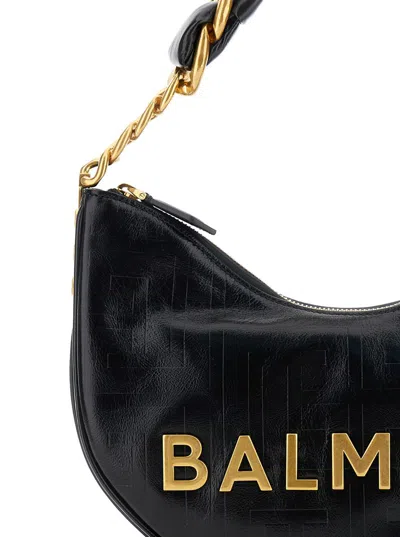 Balmain 'soft Moon 1945' Black Shoulder Bag With Lettering Logo On The Front In Leather Woman