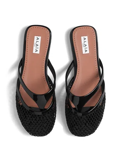Alaïa Fishnet And Leather Flip Flops Flat Mules Shoes