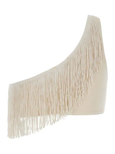 Forte Forte Beige One-shoulder Top With Fringe Embellishments In Tech Fabric Stretch Woman