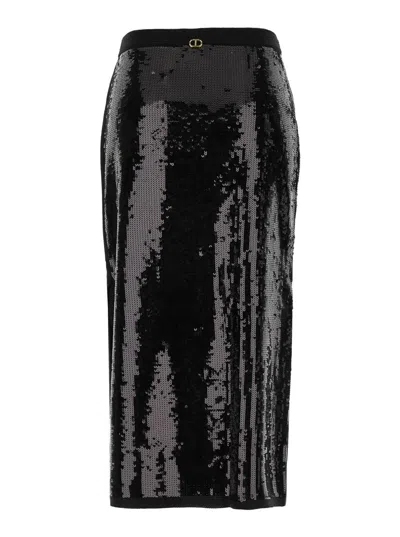 Twinset Black Midi Skirt With Sequins All-over