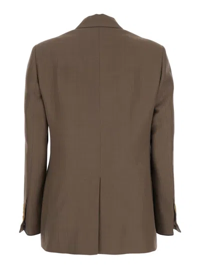 Brunello Cucinelli Brown Double-breasted Jacket With Peak Lapels In Linen Blend Woman