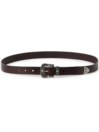 Brunello Cucinelli Leather Belt With Turquoise Stone Embellishments In Black