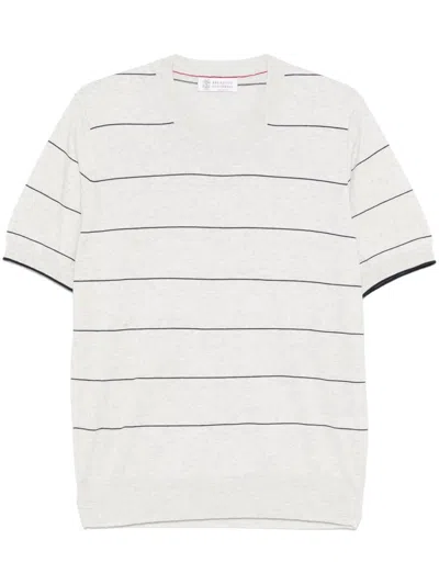 Brunello Cucinelli Light Grey Striped T-shirt With Relaxed Fit In White