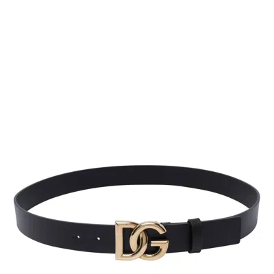 Dolce & Gabbana Lux Leather Belt With Logo Buckle In Black