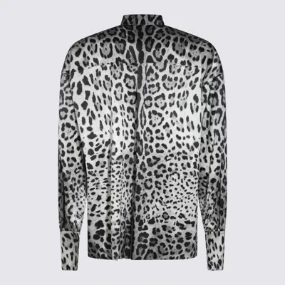 Dolce & Gabbana Grey Shirt With Leopard Print All-over And Logo Lettering In Silk Man In Animal Print