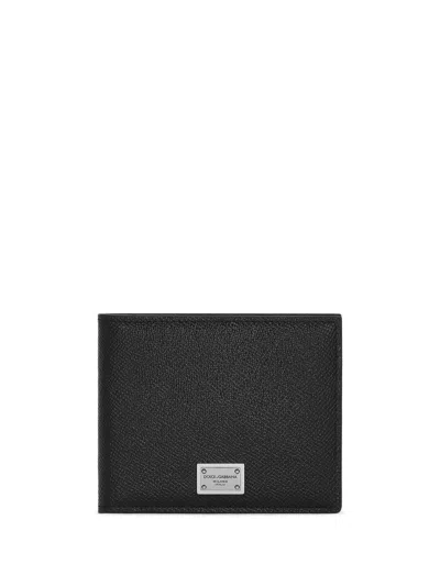 Dolce & Gabbana Black Bi-fold Wallet With Logo Plaque On The Front In Grained Leather Man In Black