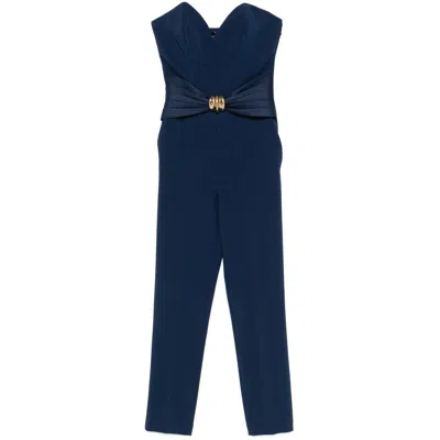 Elisabetta Franchi Flowing Crepe Jumpsuit With Macro Blue Bow In Blue