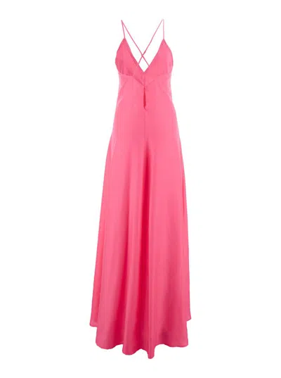 Forte Forte Fuchsia Sleeveless Long Dress With Criss-crossed Spaghetti Straps And Rear Button Closure In Tech Fa