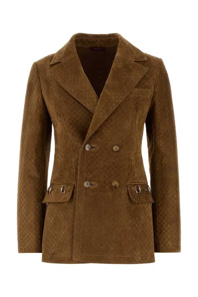Gucci Suede Leather Double-breasted Jacket In Brown