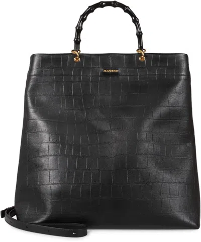 Jil Sander Bamboo-handle Embossed Leather Tote Bags In Black